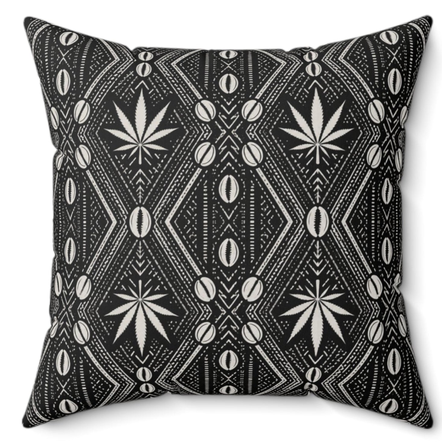 Decorative pillow with black and white pattern on a white background