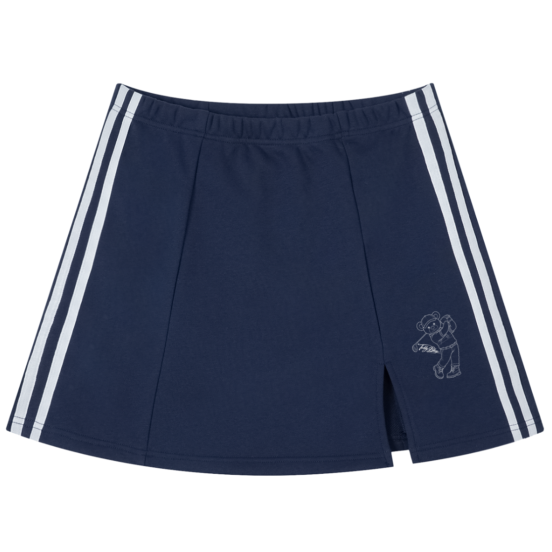 Navy shorts with white stripes on a white background