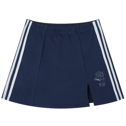 Navy shorts with white stripes on a white background