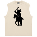 Beige sleeveless shirt with black bear and horse graphic on a white background