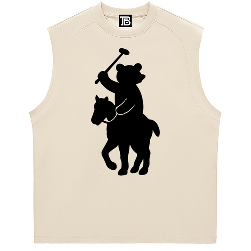 Beige sleeveless shirt with black bear and horse graphic on a white background
