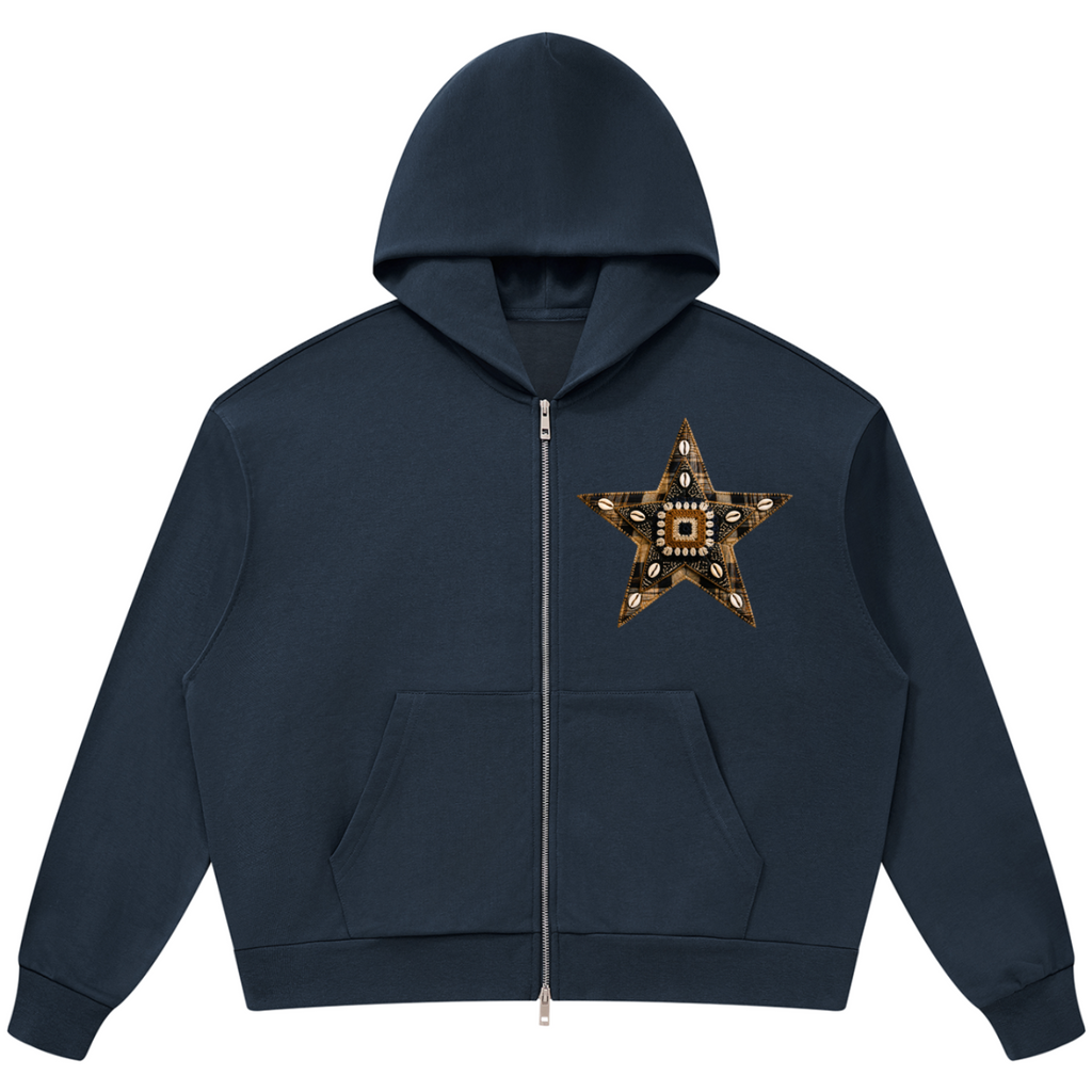 A navy blue zip-up hoodie with a front kangaroo pocket and a large star-shaped graphic on the left chest, displayed on a clean white background.