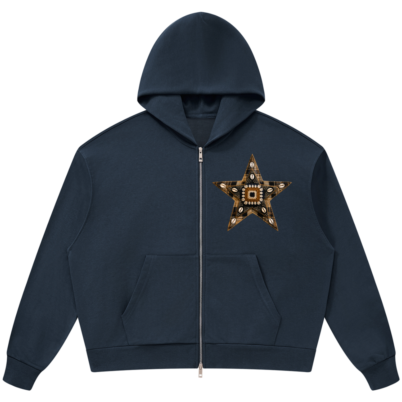 A navy blue zip-up hoodie with a front kangaroo pocket and a large star-shaped graphic on the left chest, displayed on a clean white background.
