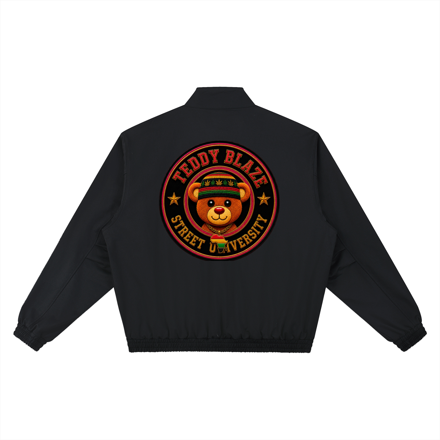 A black bomber jacket shown from the back, featuring a large circular graphic print of a teddy bear wearing a graduation cap with the text 'TEDDY BLAZE' and 'STREET UNIVERSITY'.