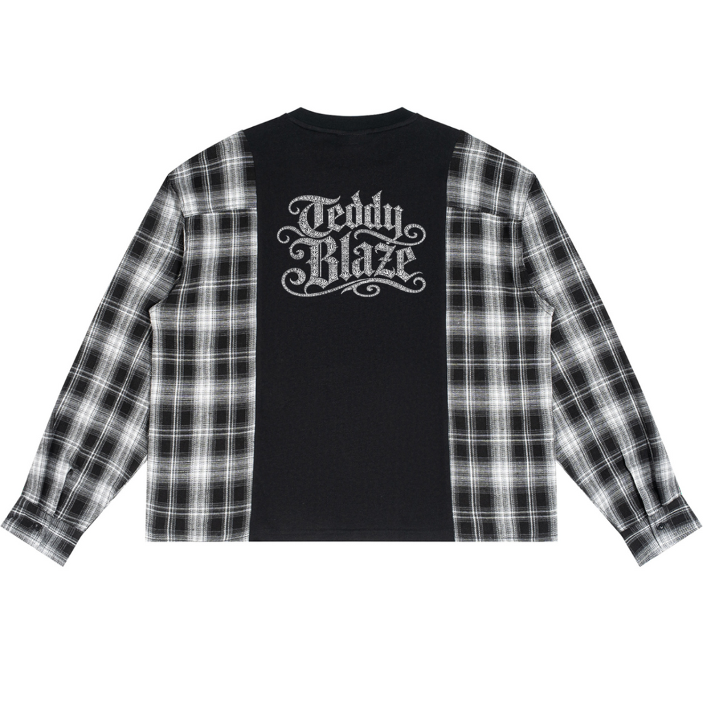 A long-sleeve shirt with a black center panel and black-and-white plaid sleeves, featuring a white 'Teddy Blaze' logo printed on the back, shown against a plain white background.