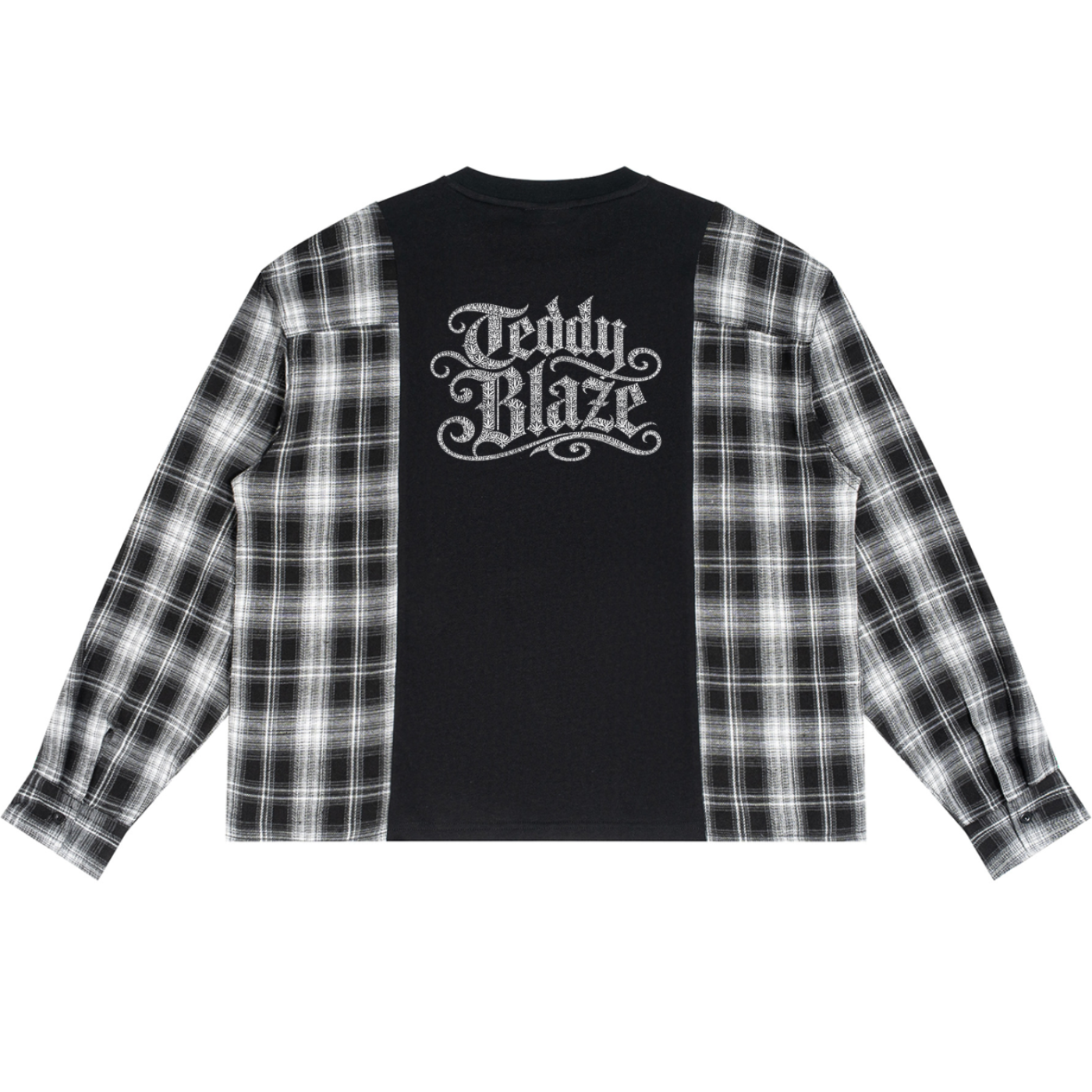 A long-sleeve shirt with a black center panel and black-and-white plaid sleeves, featuring a white 'Teddy Blaze' logo printed on the back, shown against a plain white background.