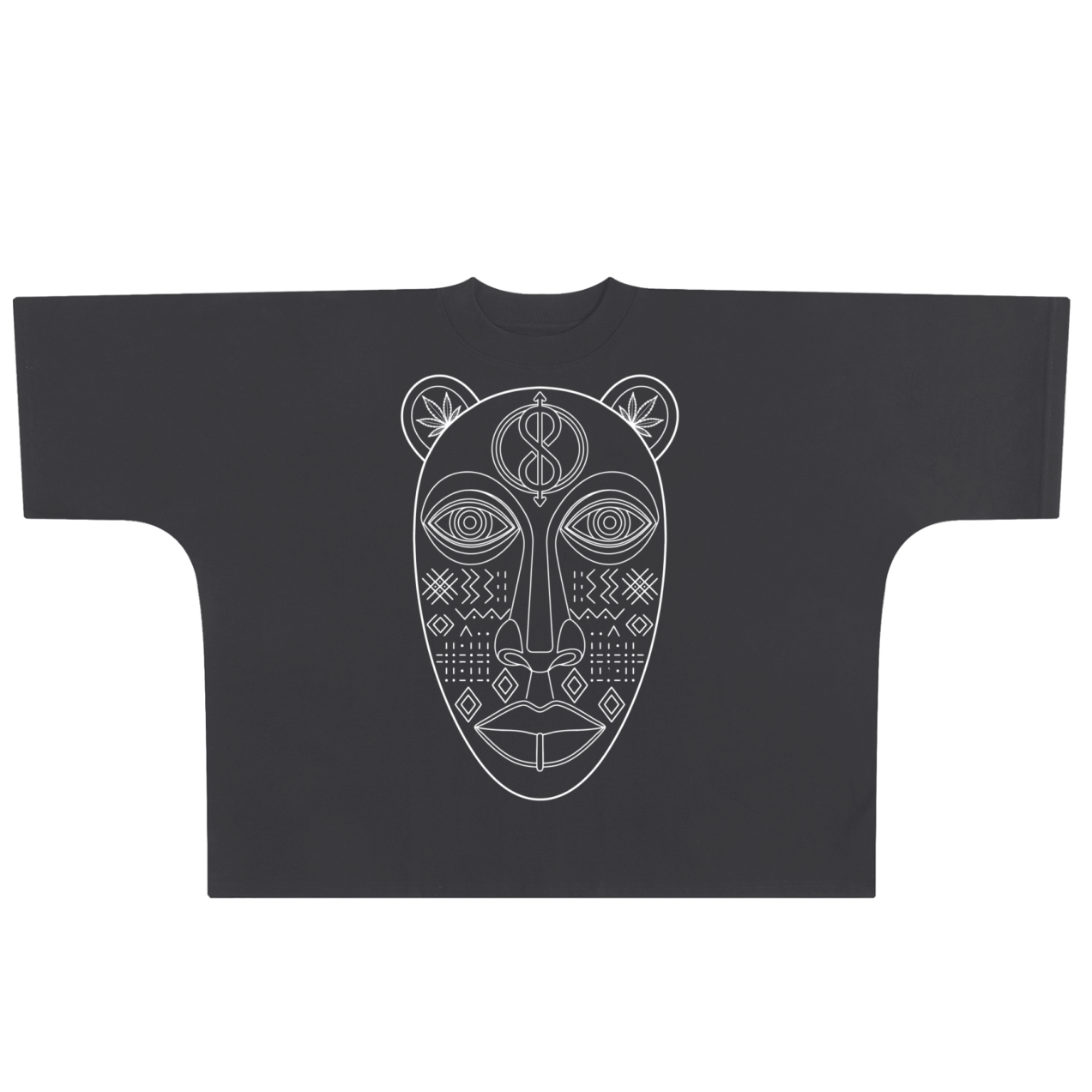 A black short-sleeve t-shirt with a white line art graphic of an African tribal mask on the front, displayed flat against a solid white background.