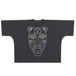 A black short-sleeve t-shirt with a white line art graphic of an African tribal mask on the front, displayed flat against a solid white background.
