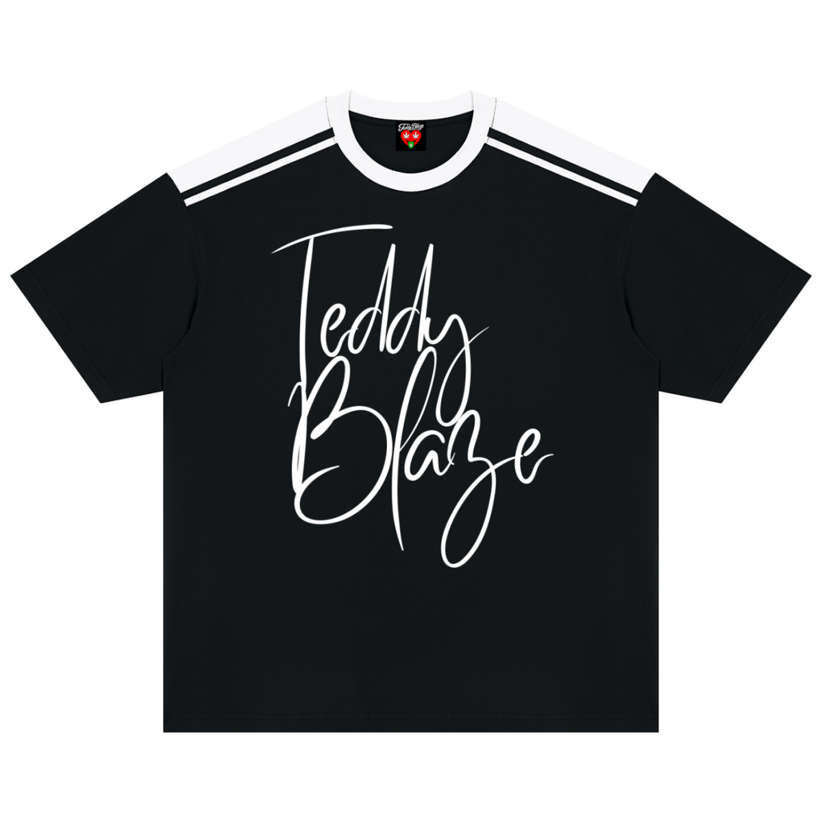 A black short-sleeve t-shirt with white shoulder stripes and a large white 'Teddy Blaze' script logo printed on the front, displayed flat against a solid white background.