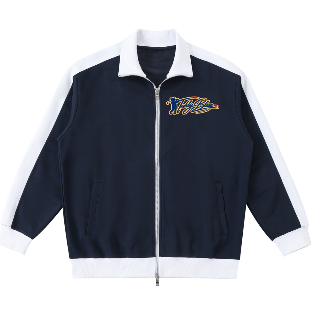 Navy track jacket with white accents and a logo on a white background