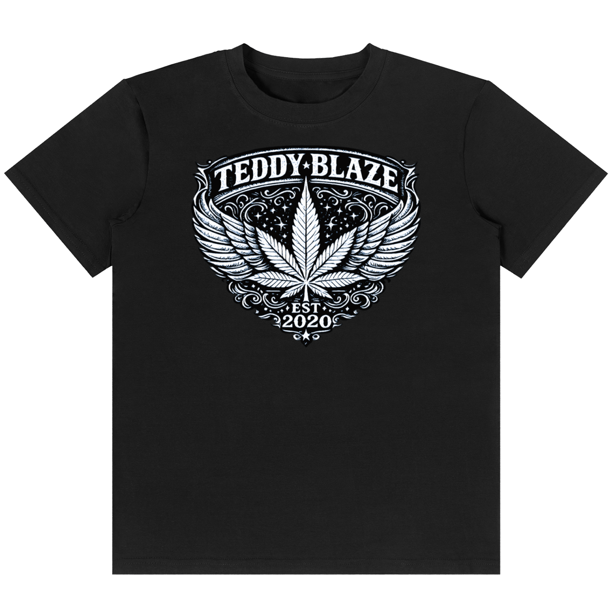A black short-sleeve crewneck t-shirt featuring a white graphic print on the front. The graphic displays a stylized cannabis leaf with wings, surrounded by the text 'TEDDY-BLAZE' at the top and 'EST.