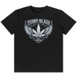 A black short-sleeve crewneck t-shirt featuring a white graphic print on the front. The graphic displays a stylized cannabis leaf with wings, surrounded by the text 'TEDDY-BLAZE' at the top and 'EST.