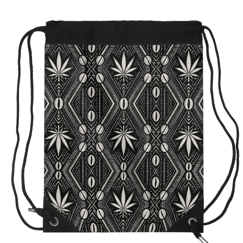 Carry DaChek™ with The Backpacker, Teddy Blaze's black-and-white drawstring backpack featuring African-inspired patternwork, lined storage and an interior zip pocket.