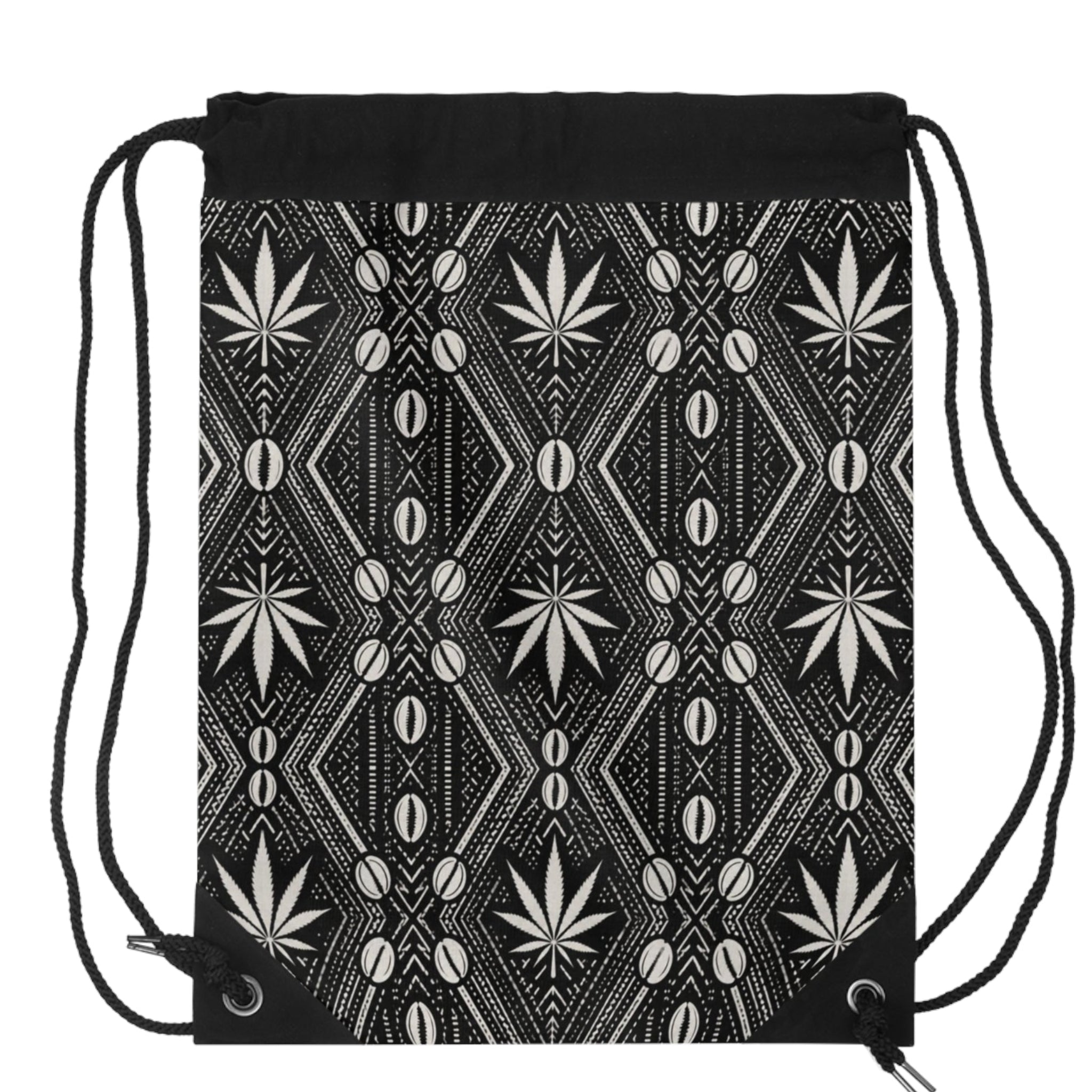 Carry DaChek™ with The Backpacker, Teddy Blaze's black-and-white drawstring backpack featuring African-inspired patternwork, lined storage and an interior zip pocket.