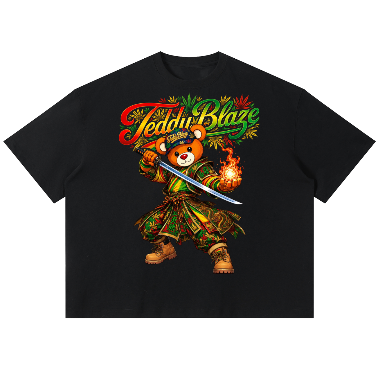 A black short-sleeve t-shirt with a colorful graphic of a cartoon bear wearing a green and gold Hawaiian shirt and holding a sword and flame, under the text 'Teemu Blaze'.