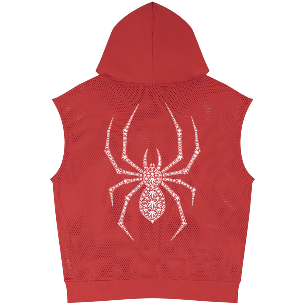 A red sleeveless hooded vest with a textured mesh-like fabric, featuring a large white spider graphic on the back, shown against a plain white background.