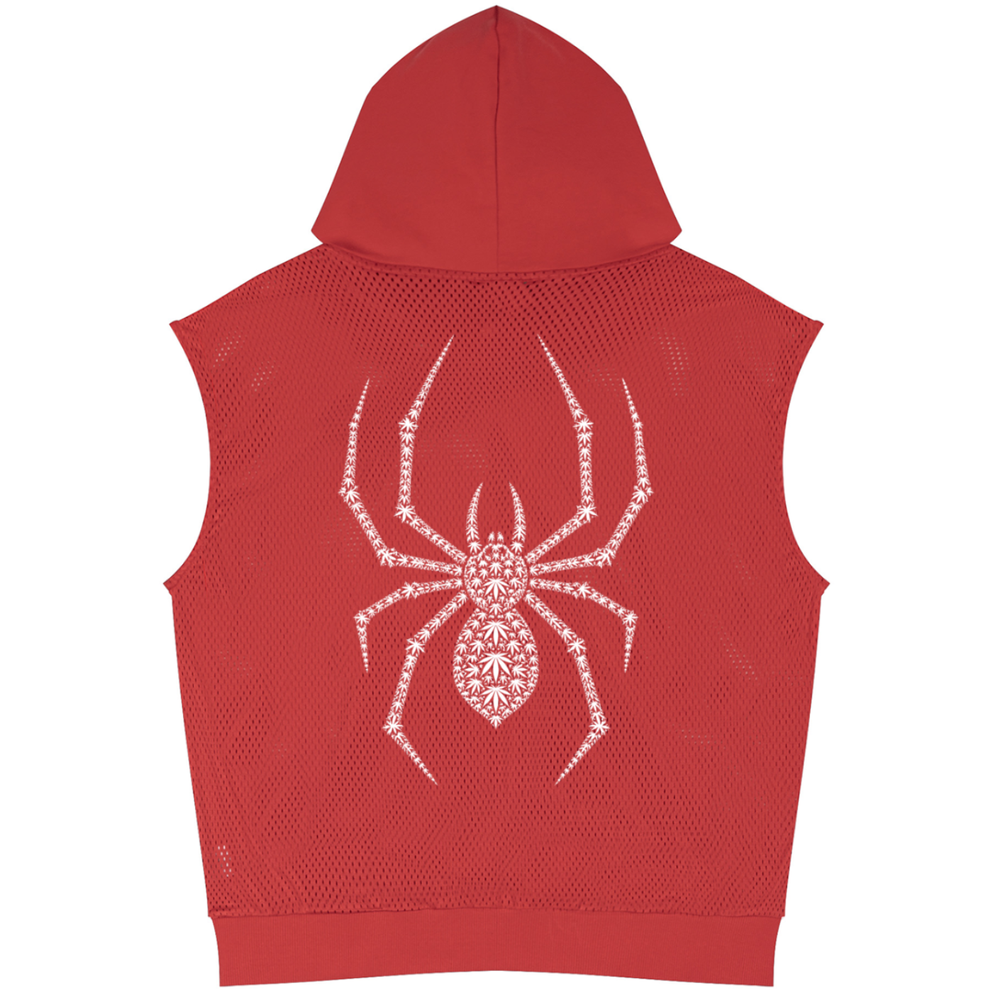 A red sleeveless hooded vest with a textured mesh-like fabric, featuring a large white spider graphic on the back, shown against a plain white background.