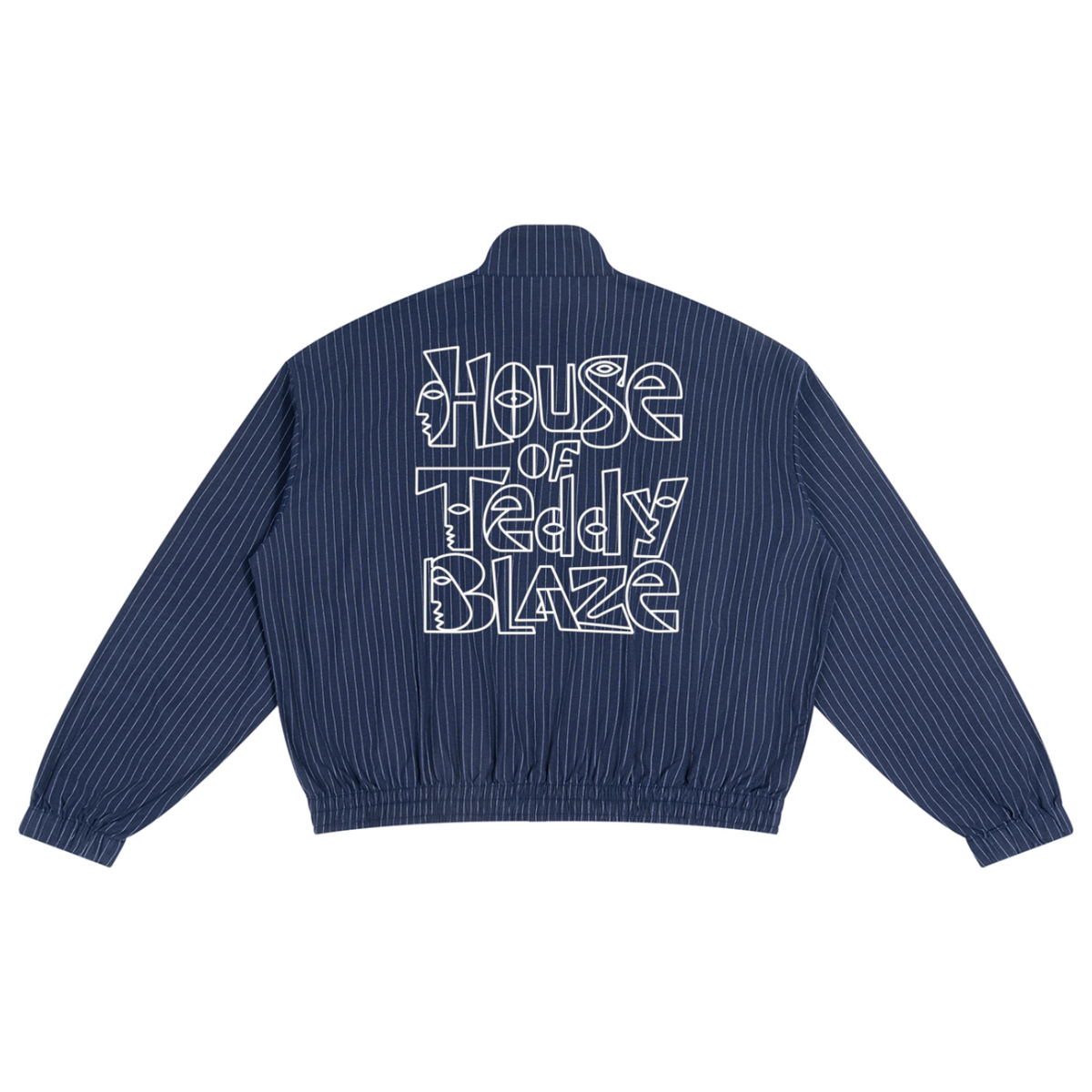 A navy blue pinstriped bomber jacket shown from the back, featuring 'House of Teddy Blaze' printed in a white outline font across the upper back.