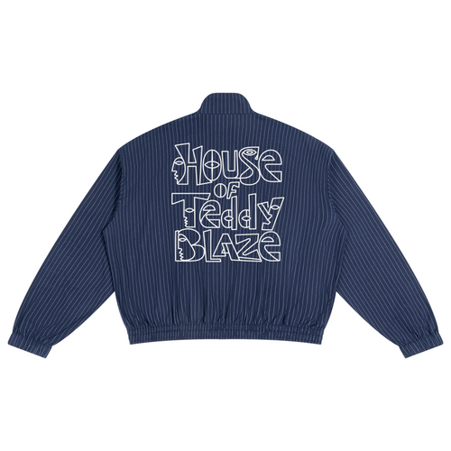 A navy blue pinstriped bomber jacket shown from the back, featuring 'House of Teddy Blaze' printed in a white outline font across the upper back.