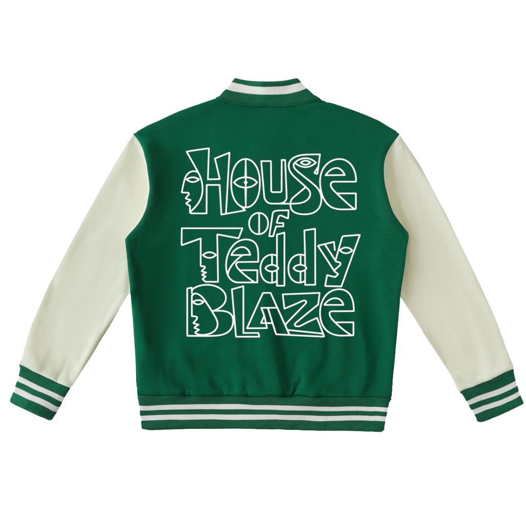 The back of a green and cream varsity jacket featuring the text 'House of Teddy Blaze' in a stylized white outline font, displayed on a solid white background.
