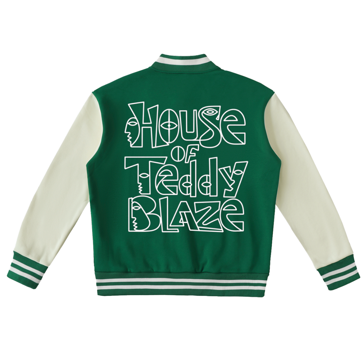 The back of a green and cream varsity jacket featuring the text 'House of Teddy Blaze' in a stylized white outline font, displayed on a solid white background.