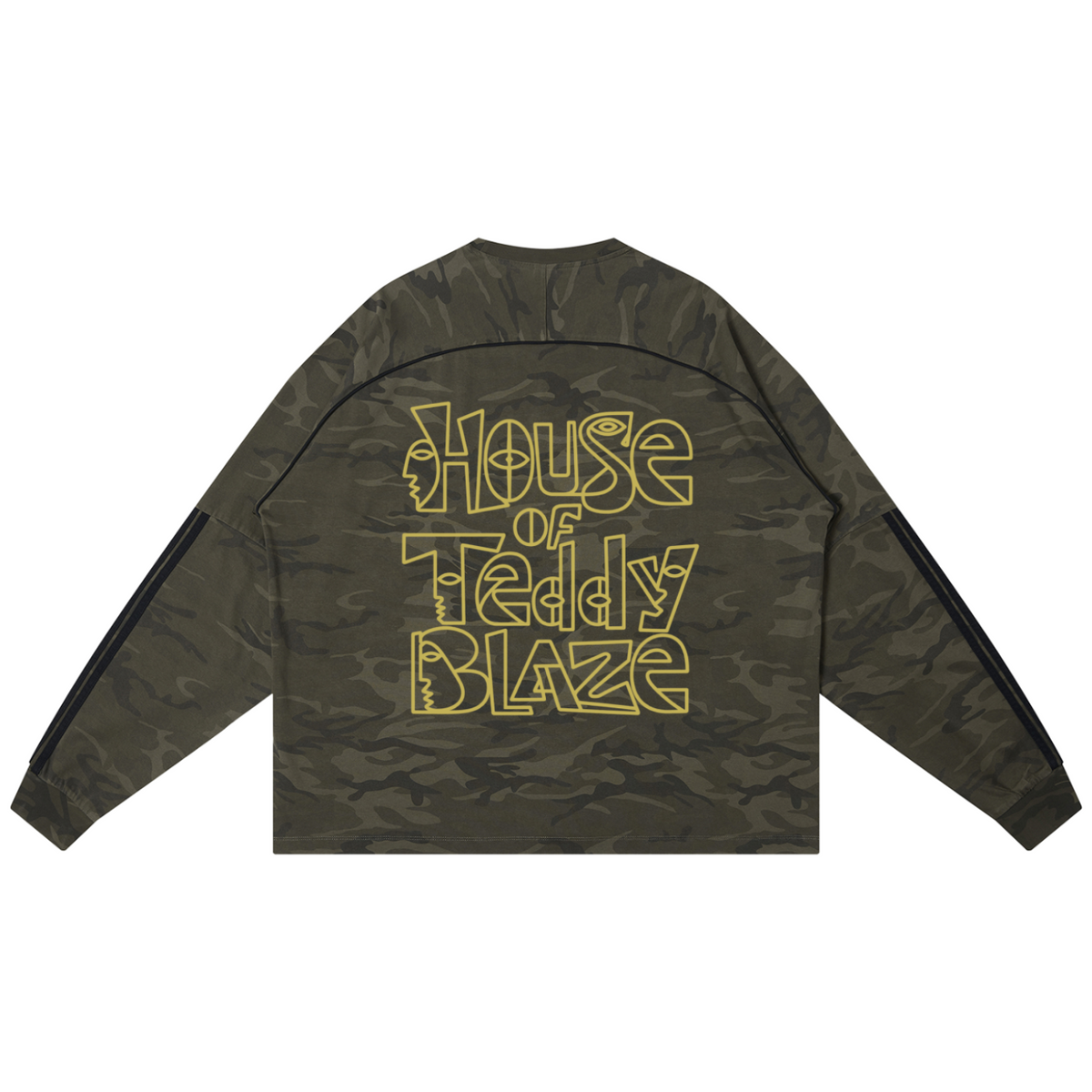 A long-sleeve crop top in an olive green camouflage pattern, featuring the text 'House of Teddy Blaze' printed in a stylized yellow outline font across the back. The sleeves have black stripes down the sides.