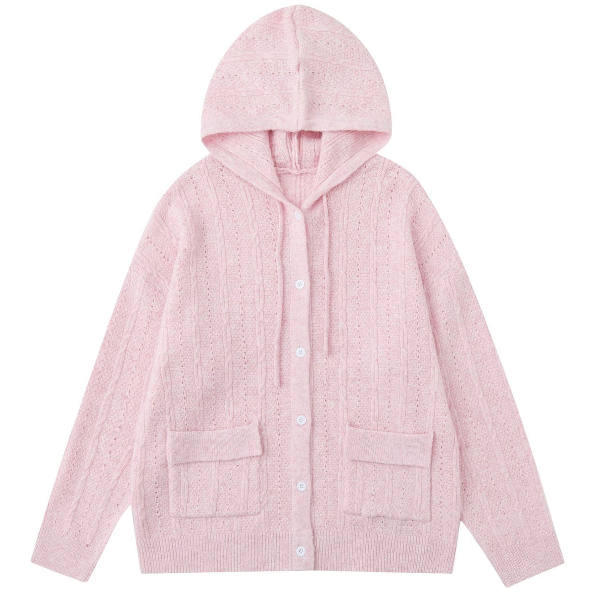 Shop the Iron + Ivy Button-Front Cable Knit Hooded Cardigan by Teddy Blaze. Plush acrylic jacquard knit hooded cardigan featuring front flap pockets and tonal button closure.