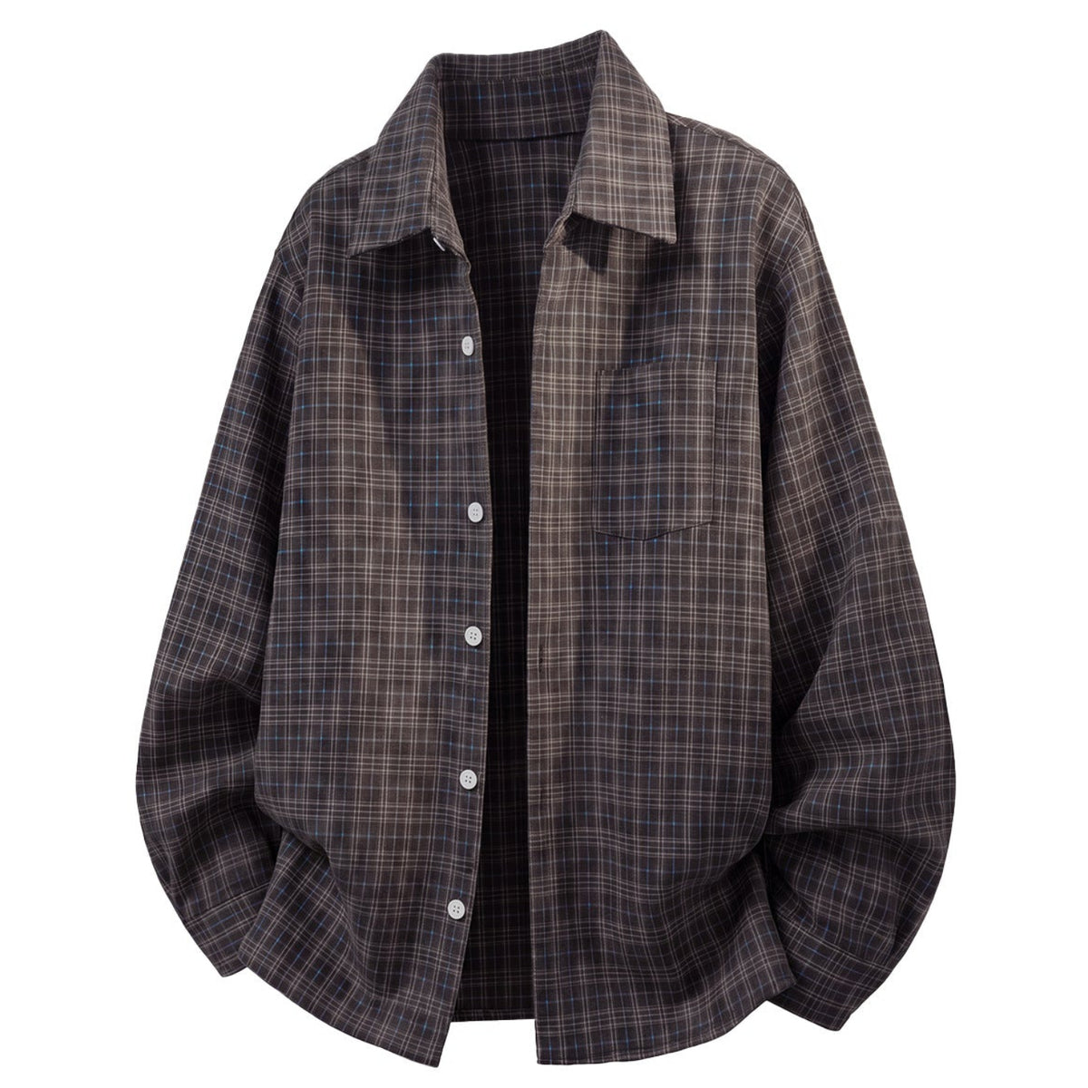 Shop the Iron + Ivy Plaid Flannel Cardigan Overshirt by Teddy Blaze. Loose fit blue-grey plaid button-up overshirt featuring a point collar and chest pocket.