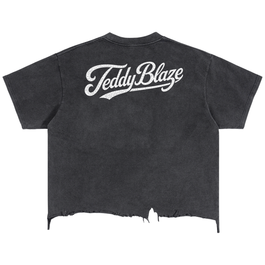 A washed black cropped t-shirt with a distressed frayed hem, featuring a white 'Teddy Blaze' logo printed across the upper back, shown against a plain white background.