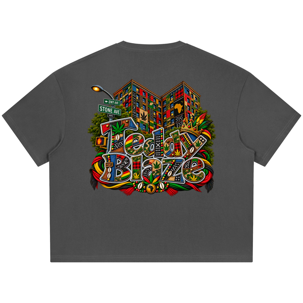Shop the Teddy Blaze Boho ENY Boxy Coolmax Tee featuring Teddy Blaze Boho, a cotton-Coolmax blend and signature East New York-inspired artwork.