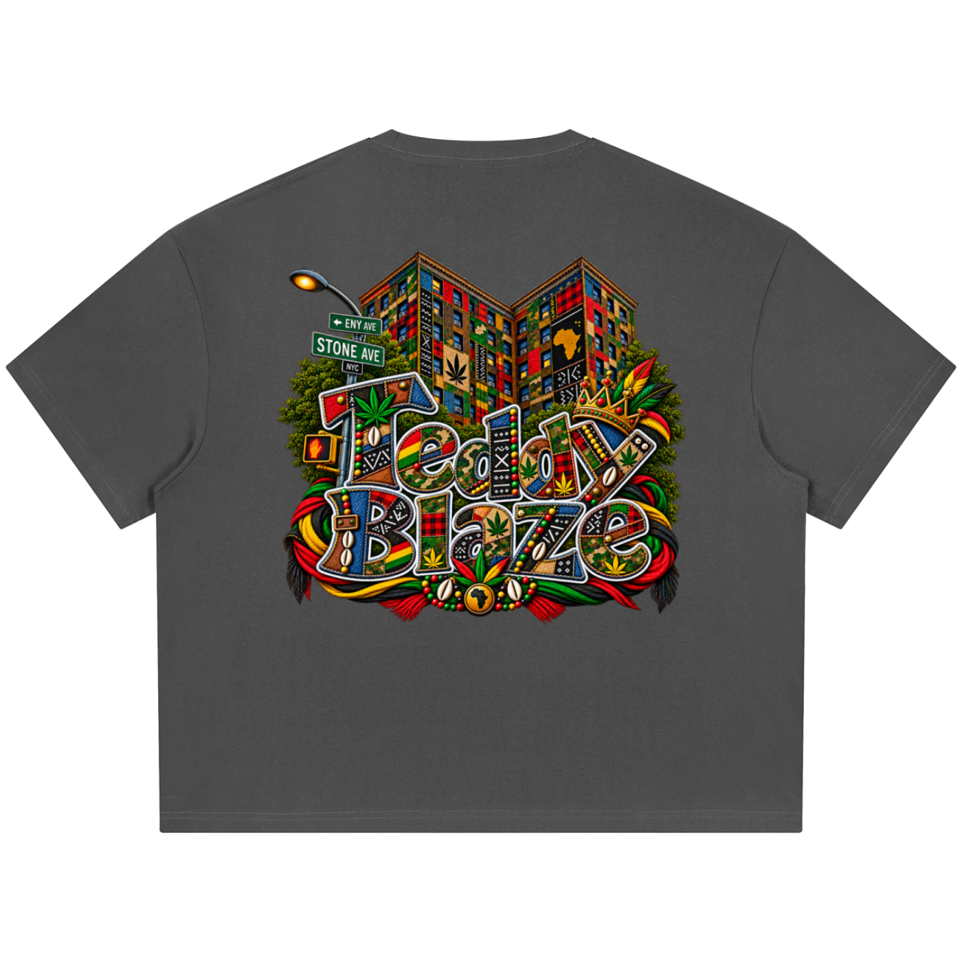 Shop the Teddy Blaze Boho ENY Boxy Coolmax Tee featuring Teddy Blaze Boho, a cotton-Coolmax blend and signature East New York-inspired artwork.