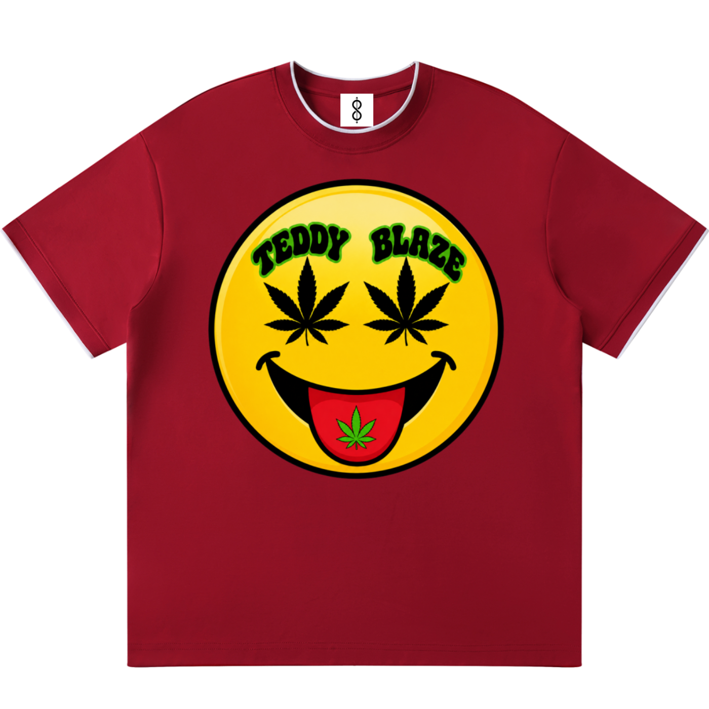 A red short-sleeve crewneck t-shirt featuring a large yellow smiley face graphic on the chest. The graphic has marijuana leaf eyes, the text 'TEDDY BLAZE' in black, and a red tongue with a green leaf detail.