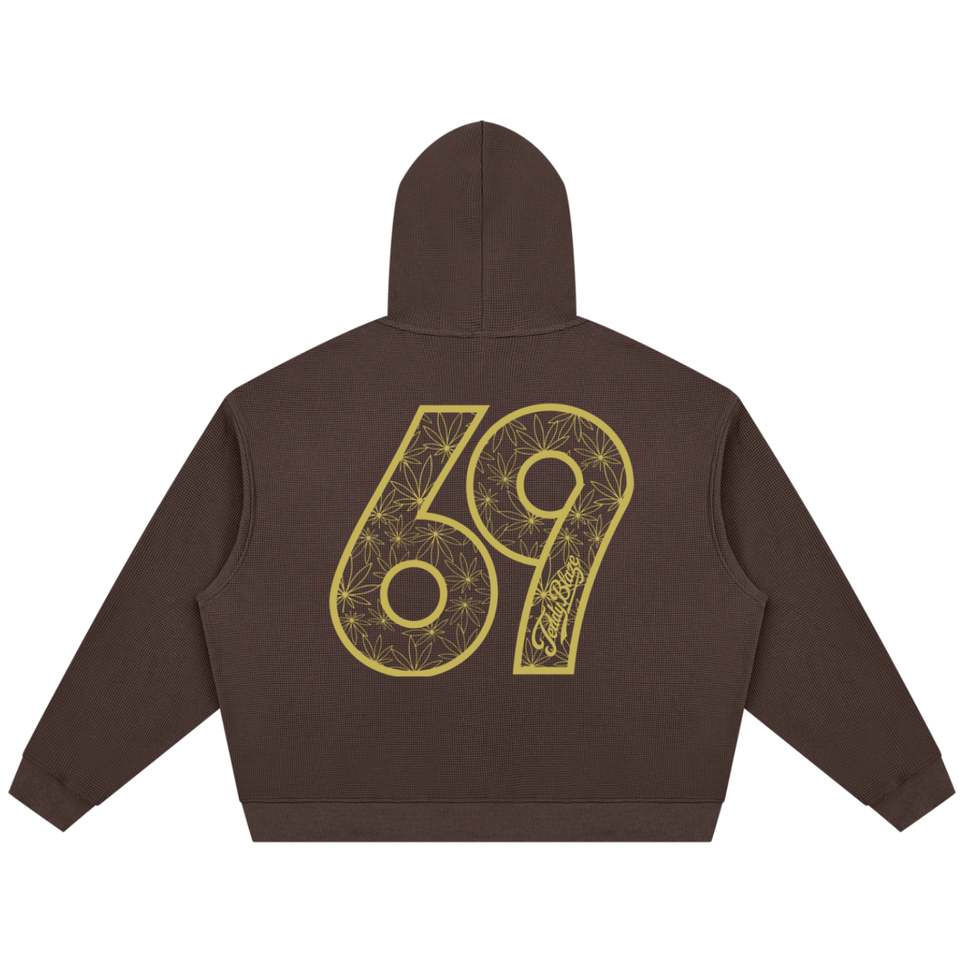 A dark brown cropped hoodie shown from the back, featuring a large gold graphic of the number 69 with floral line art and a script logo on the back.