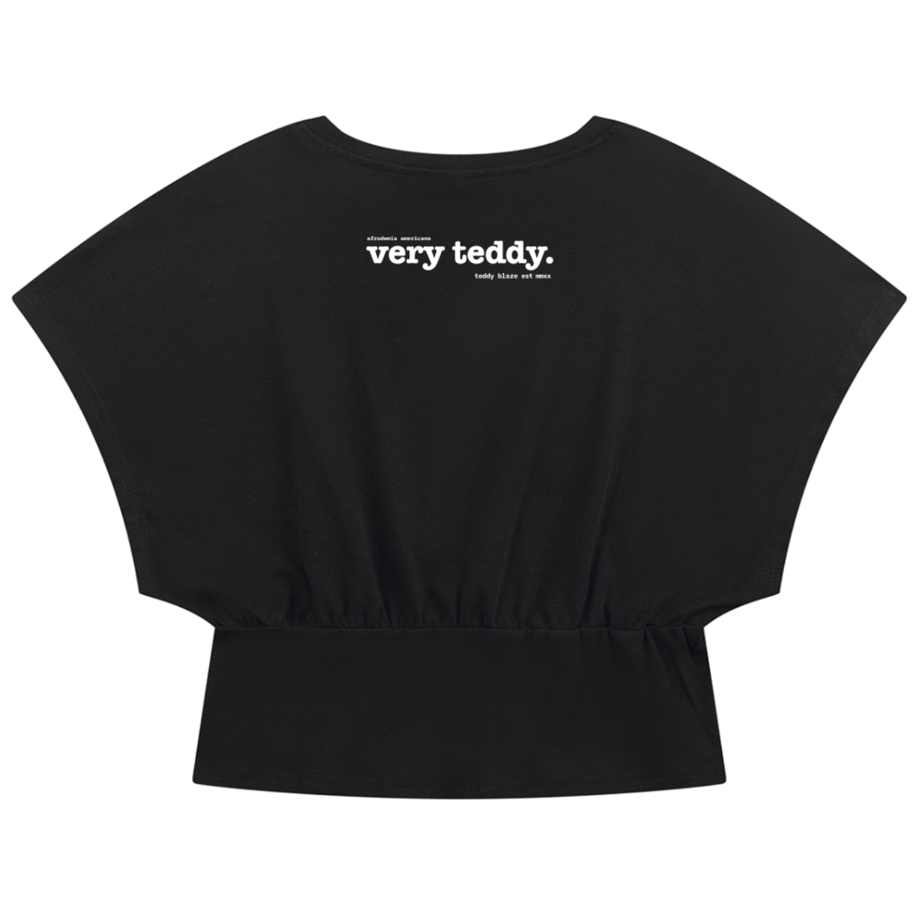 Discover the Teddy Blaze Afrodemia Americana Crop Dolman Tee, cut in a cotton-stretch blend with a gathered waist and signature Afrodemia iconography.