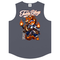 A sleeveless dark gray tank top featuring a graphic of a cartoon bear warrior with flames and the text 'Teddy Blaze' on the front, displayed against a solid white background.