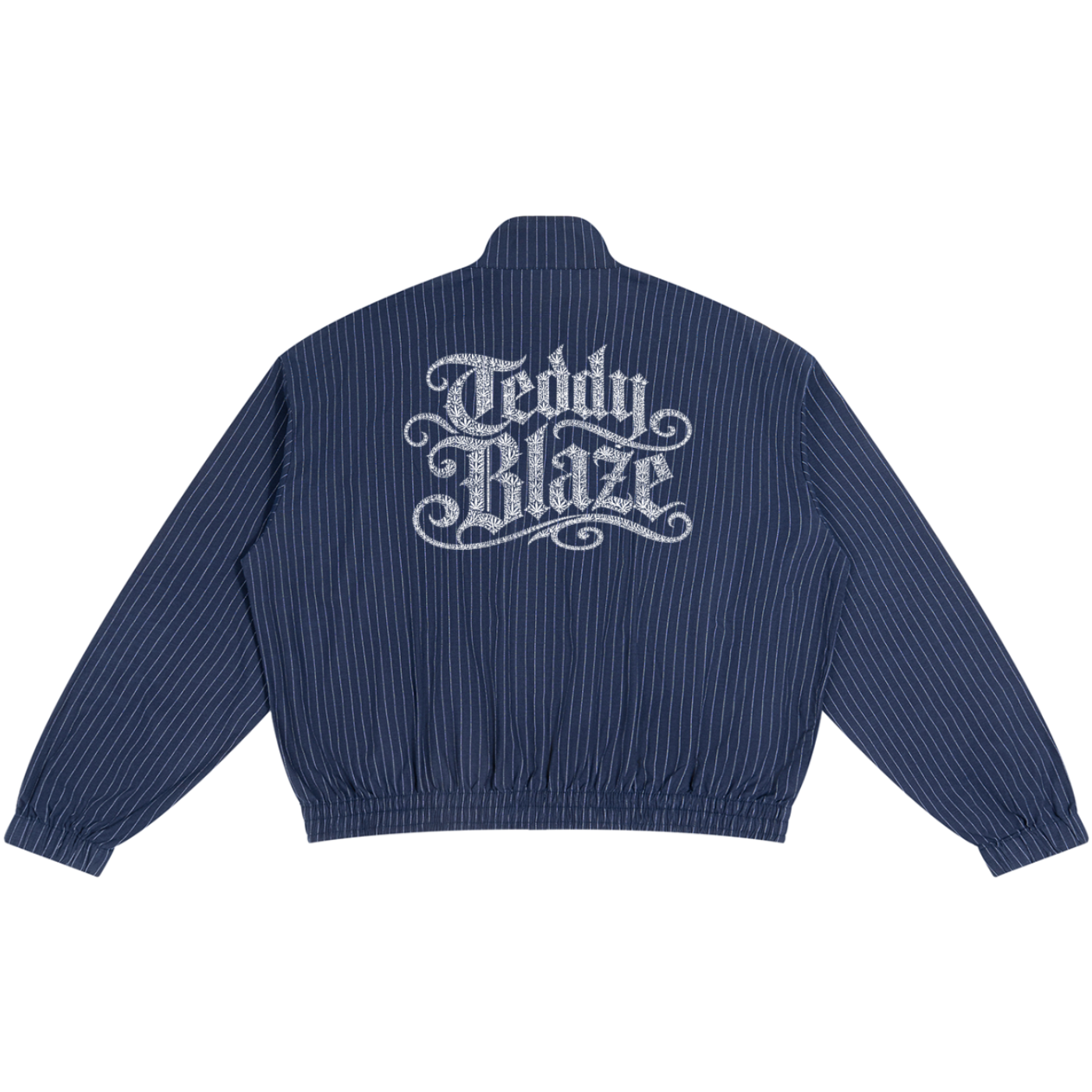 A navy blue pinstriped bomber jacket shown from the back, featuring a large white 'Teddy Blaze' logo printed across the upper back.