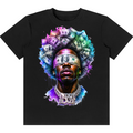 A black short-sleeve crewneck t-shirt featuring a vibrant graphic print of a man's face with a blindfold made of cash, and the text 'EDDY BLAZE' on a white background.