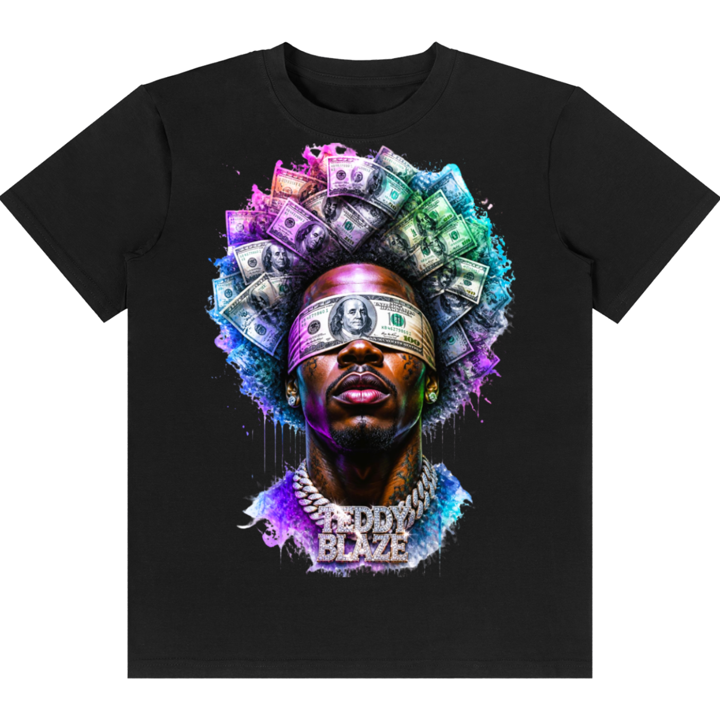 A black short-sleeve crewneck t-shirt featuring a vibrant graphic print of a man's face with a blindfold made of cash, and the text 'EDDY BLAZE' on a white background.