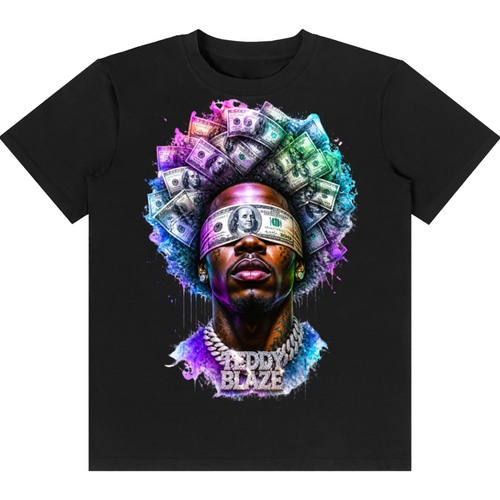 A black short-sleeve crewneck t-shirt featuring a vibrant graphic print of a man's face with a blindfold made of cash, and the text 'EDDY BLAZE' on a white background.