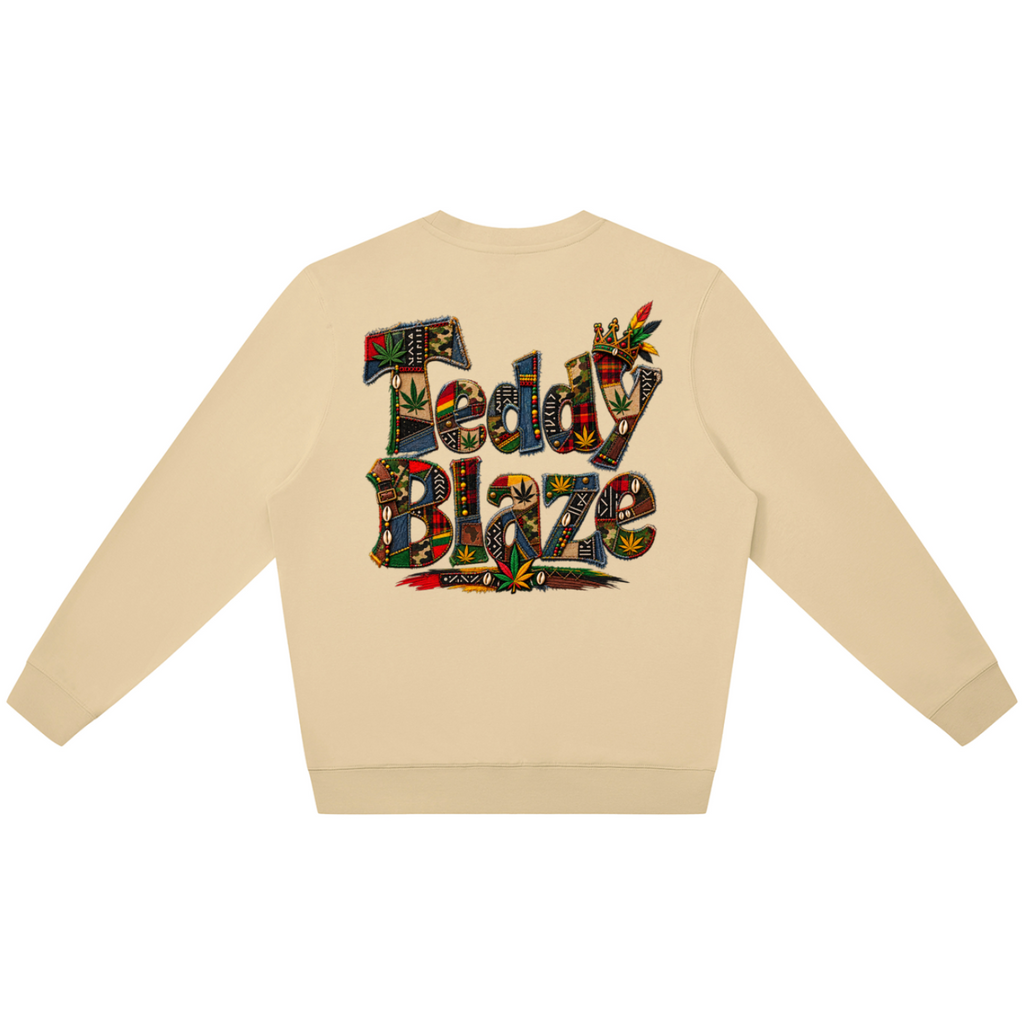 Shop the Signature Bearatoo Oversized Jumper, a unisex Teddy Blaze graphic sweatshirt mixing AfroBohemian character, patchwork influence and streetwear.
