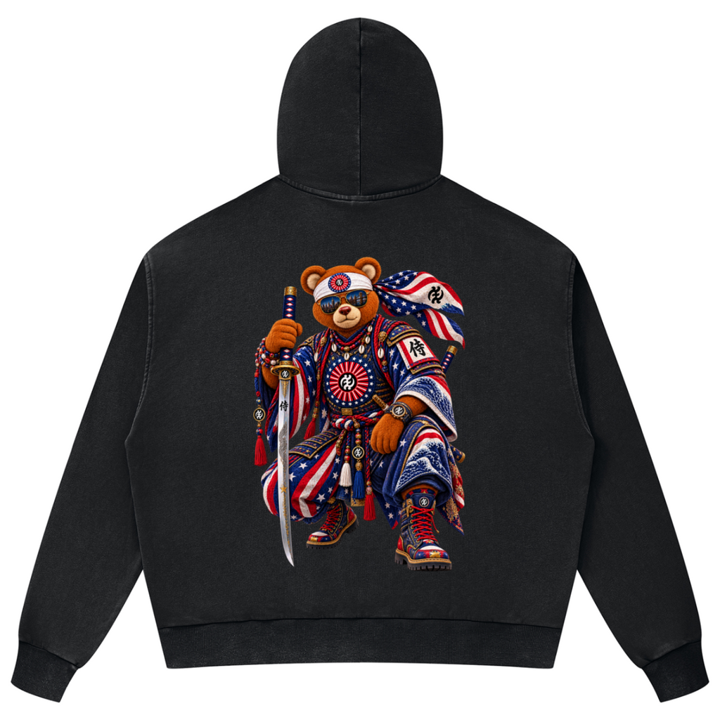 Heavyweight mineral wash zip hoodie with a relaxed boxy fit, Brand Rising chest graphic and Teddy Blaze Samurai back artwork. Cotton-rich unisex streetwear from MEN OF BLAZE.