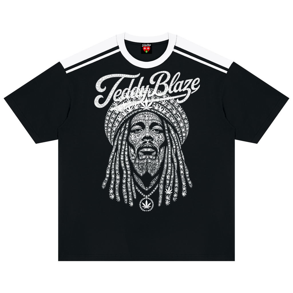 Black t-shirt with a white logo and text on the back, red collar and sleeve edges.