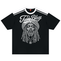 Black t-shirt with a white logo and text on the back, red collar and sleeve edges.