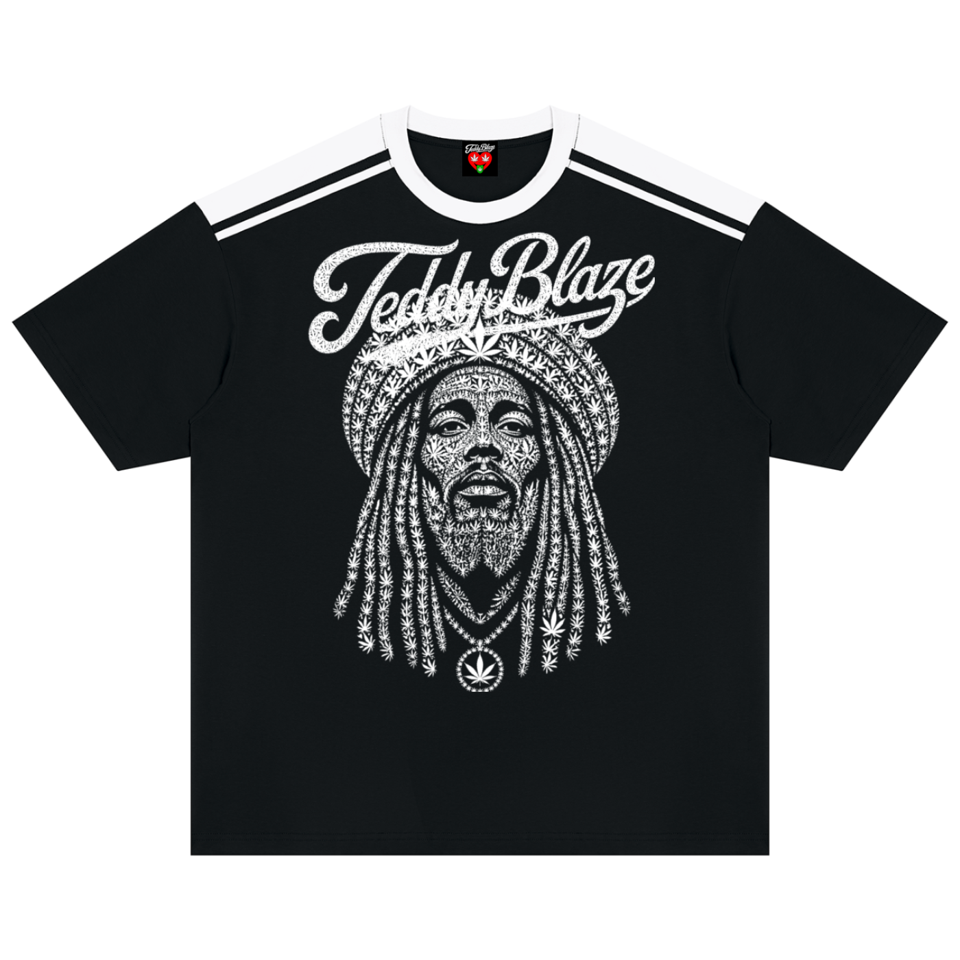 Black t-shirt with a white logo and text on the back, red collar and sleeve edges.