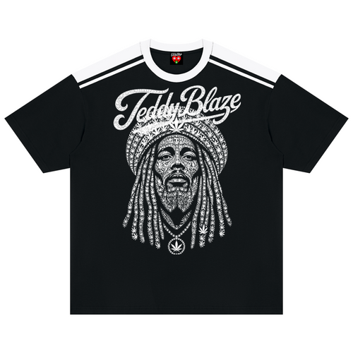 Black t-shirt with a white logo and text on the back, red collar and sleeve edges.