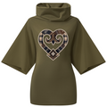 An olive green high-neck poncho-style top with wide sleeves, featuring a large heart-shaped patchwork graphic on the chest with plaid and geometric patterns.