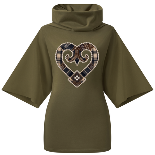 An olive green high-neck poncho-style top with wide sleeves, featuring a large heart-shaped patchwork graphic on the chest with plaid and geometric patterns.