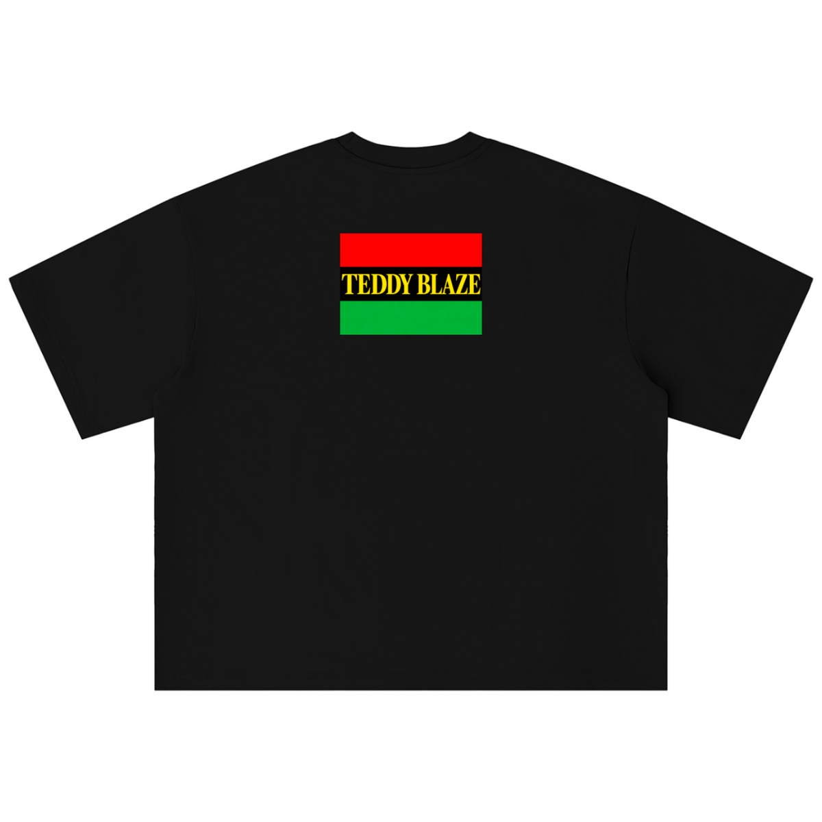 A black short-sleeve t-shirt with a graphic on the chest featuring the text 'TEDDY BLAZE' in yellow between red and green horizontal stripes, displayed on a solid white background.
