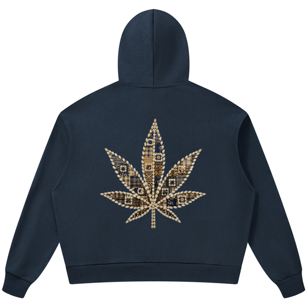 A navy blue cropped hoodie shown from the back, featuring a large cannabis leaf graphic on the back made of gold and brown pixelated squares.