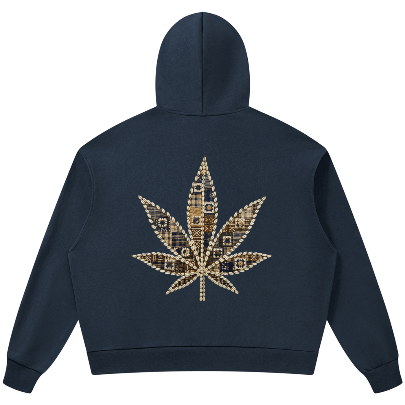 A navy blue cropped hoodie shown from the back, featuring a large cannabis leaf graphic on the back made of gold and brown pixelated squares.